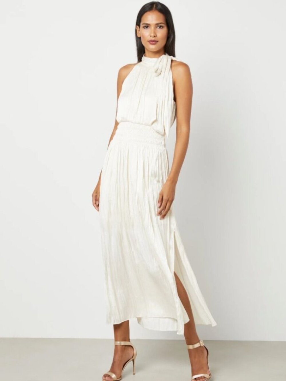 BCBGMAXAZRIA Xenia Halter Maxi Dress Gardenia Cream White Pleated Smocked Small